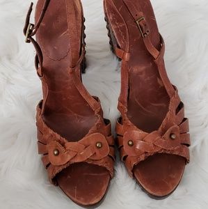 Distressed leather and wood sandals